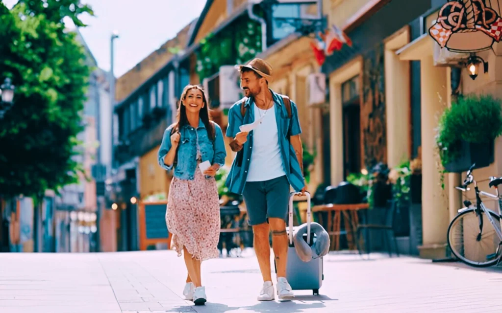 Happy couple of tourists walking in the city while traveling together