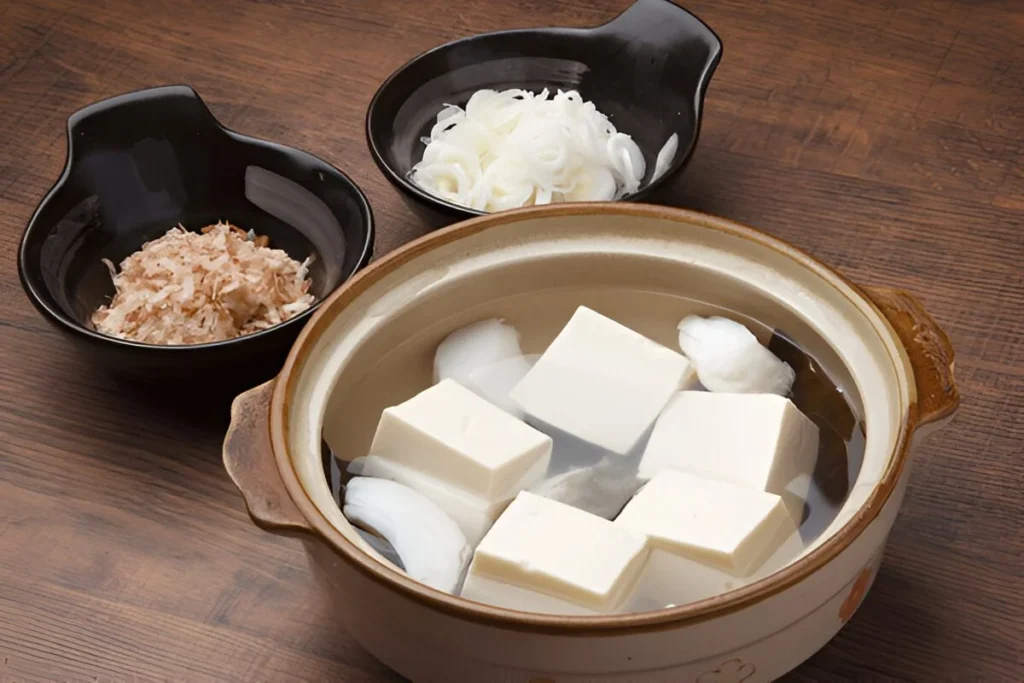 Yudofu, boiled tofu, japanese cuisine.Arashiyama bamboo grove at night