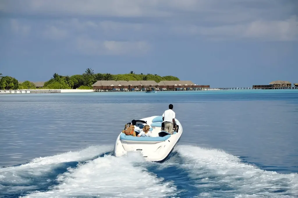 Speed boat with tourists in the Maldvies