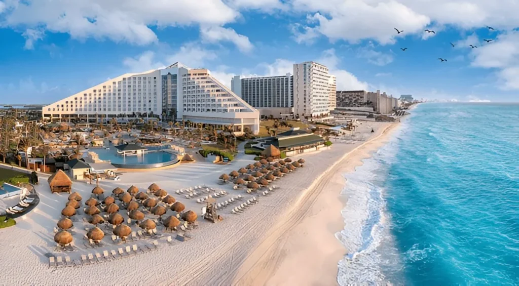 Cancun beach Mexico with resorts near blue ocean