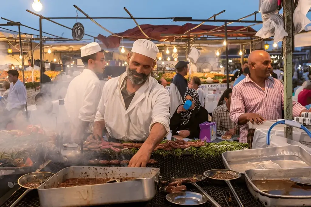 Street food stalls in Jemaa el-Fnaa, Marrakesh, Morocco.
