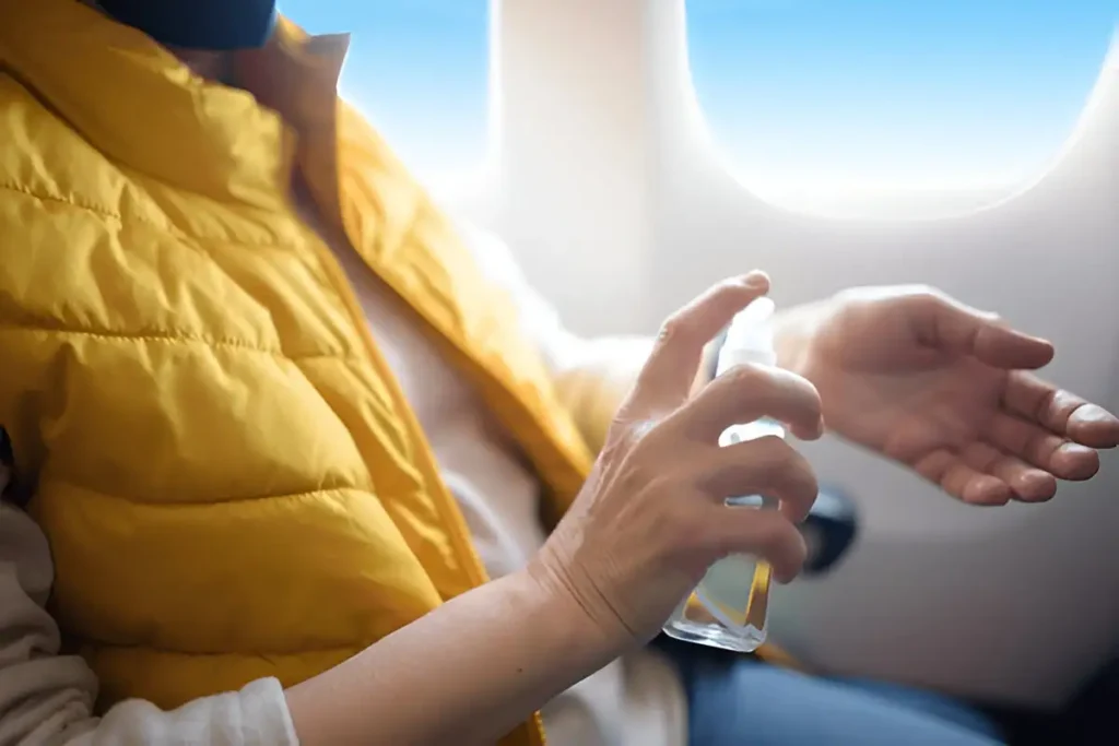 woman is making disinfection of hands with sanitizer on board of airplane